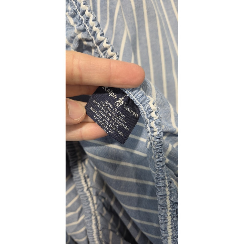 Ralph Lauren Fitted Sheet King Blue White Striped Cotton Good Vintage Chambray